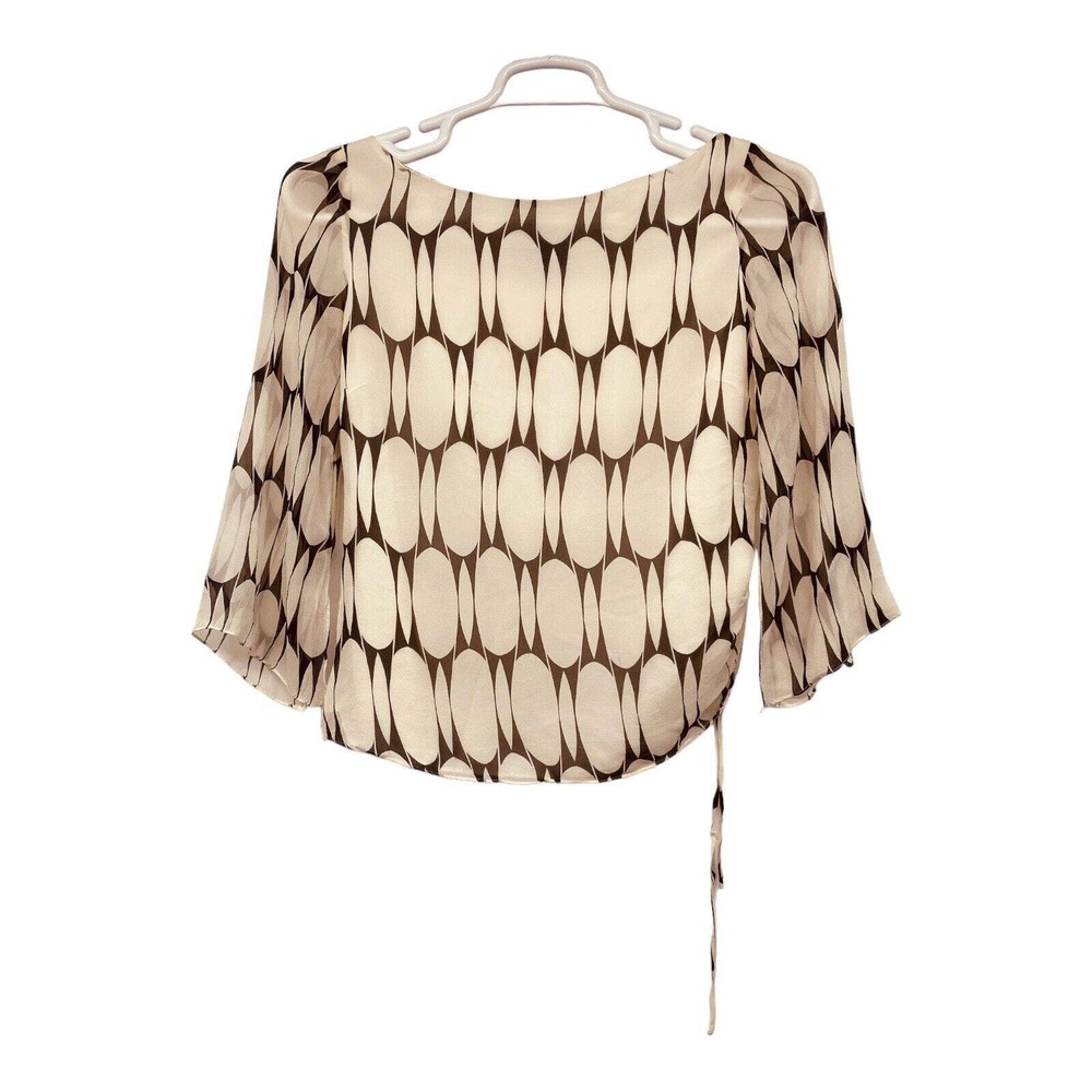 Silkland 100% Silk White Black Geometric Print Flutter Sleeve Lined Top‎ Size 6